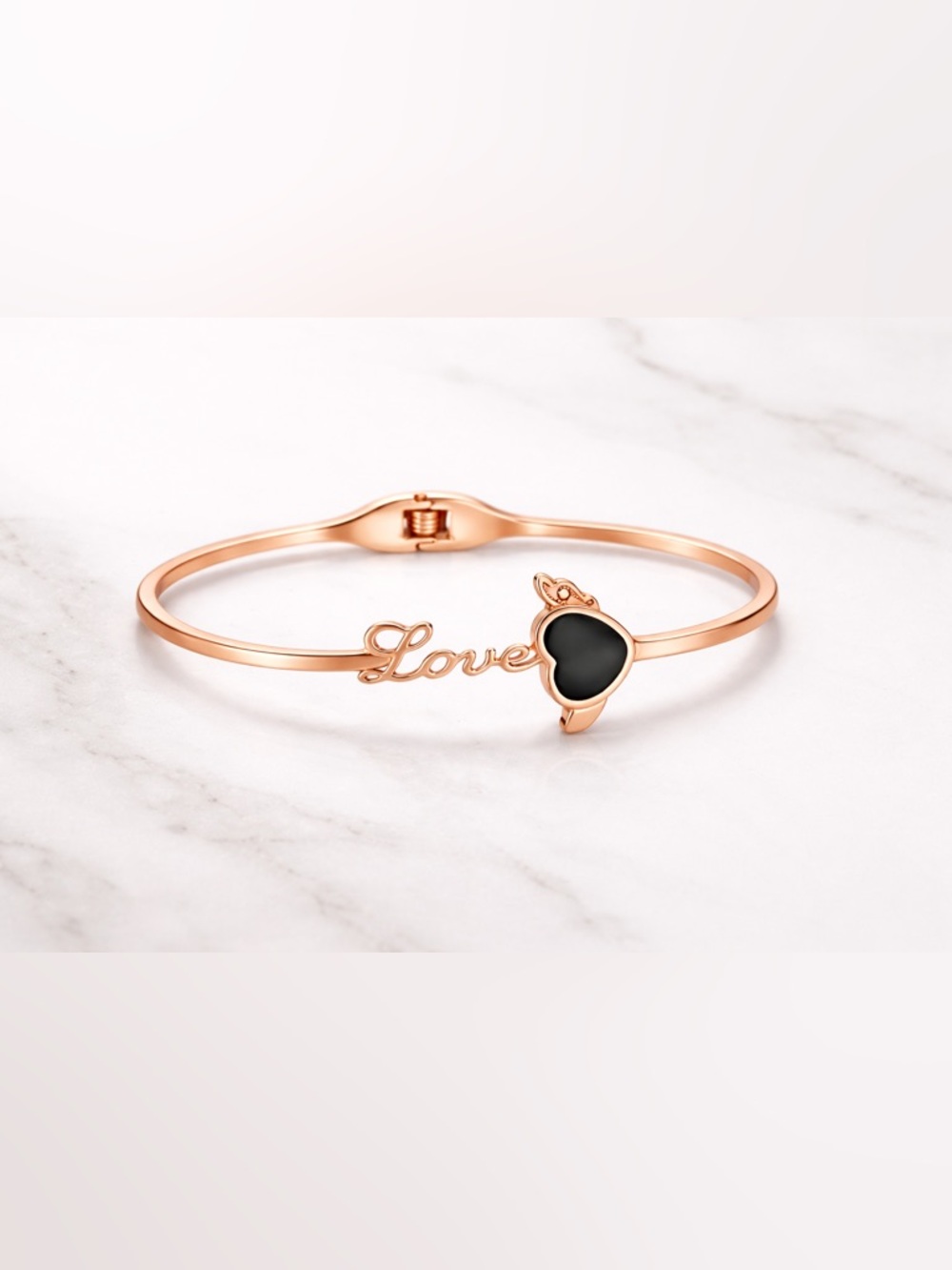 Rose Gold Love Bangle Bracelet | Black Heart | Like New